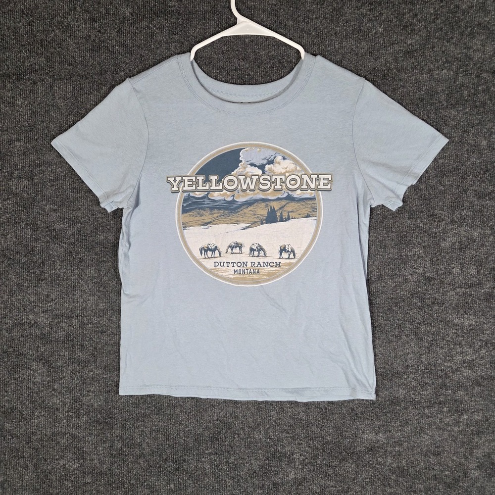 Yellowstone Dutton Ranch Montana Graphic T-Shirt Women Small Light Blue TV Show